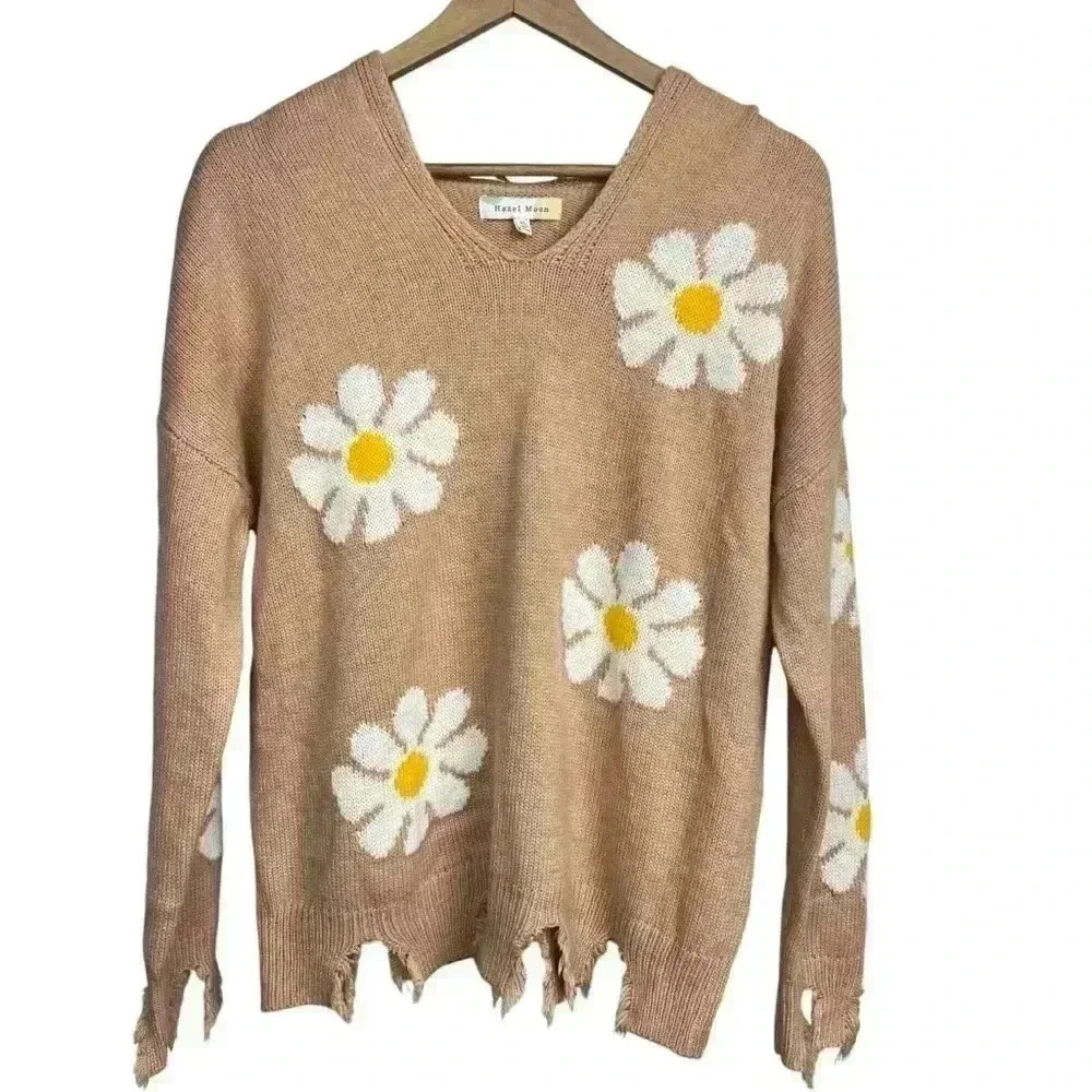 Hazel Moon Tan Knit Hooded Sweater Daisy Flowers Distressed Hem | Size XL